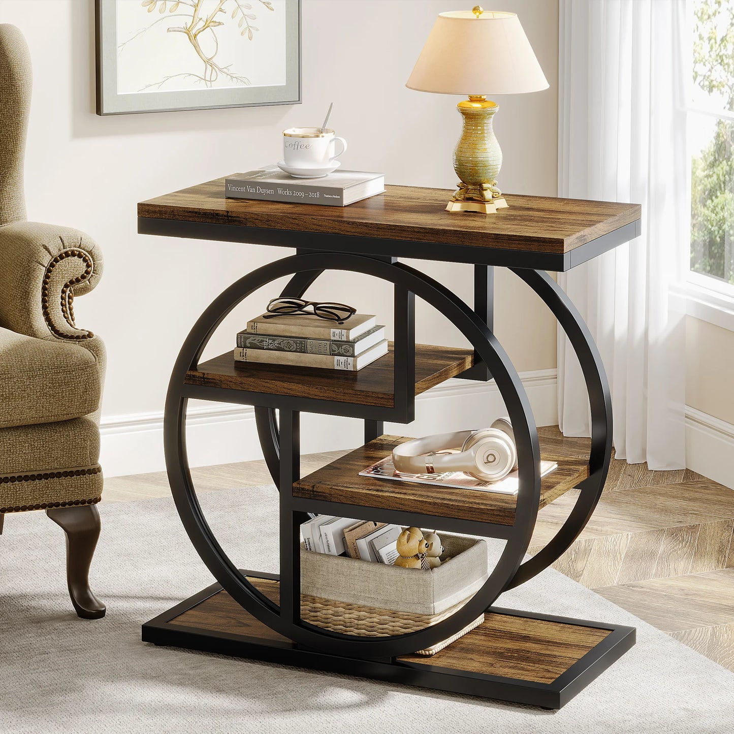 Tribesigns Industrial End Table With Three Storage Shelves