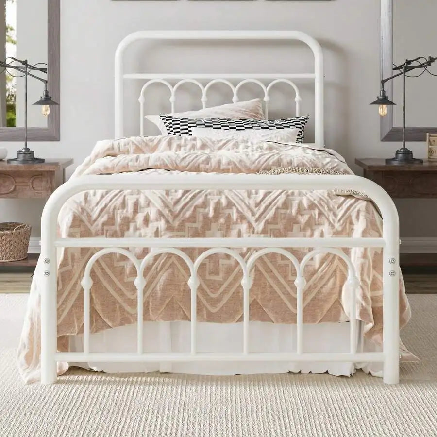 Victorian Style Metal Platform Bed Frame With Curved Iron Headboard