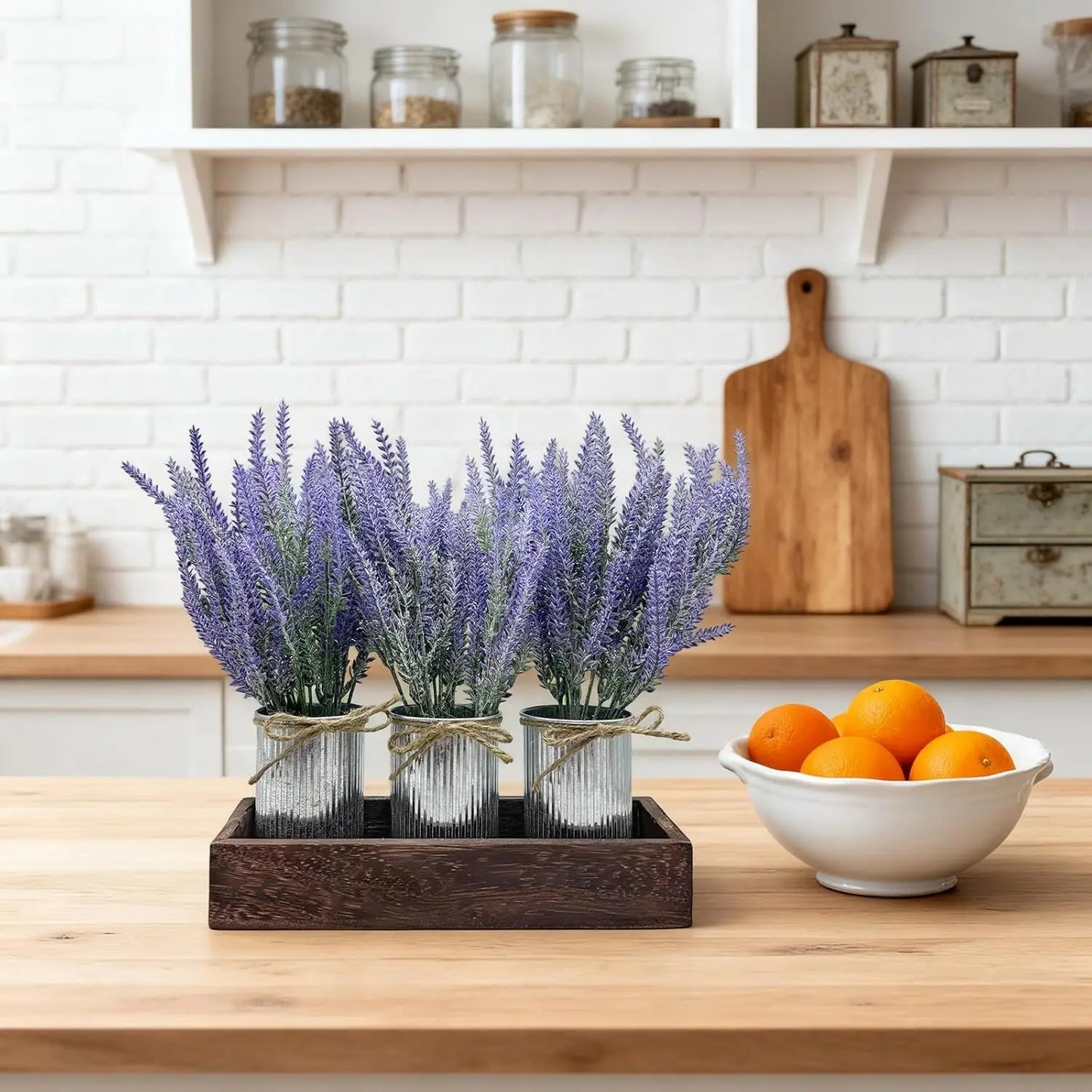 HiMISS Artificial Lavender Flowers With Wood Tray Centerpiece Set