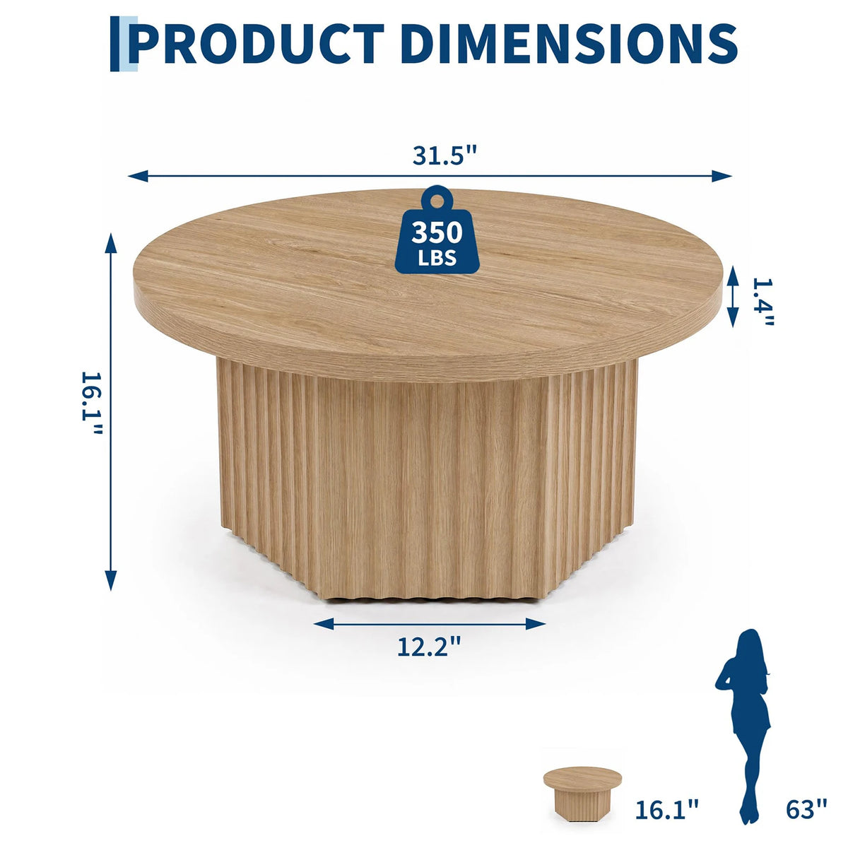 HiMISS Fluted Round Coffee Table Modern Wood Pedestal Living Room