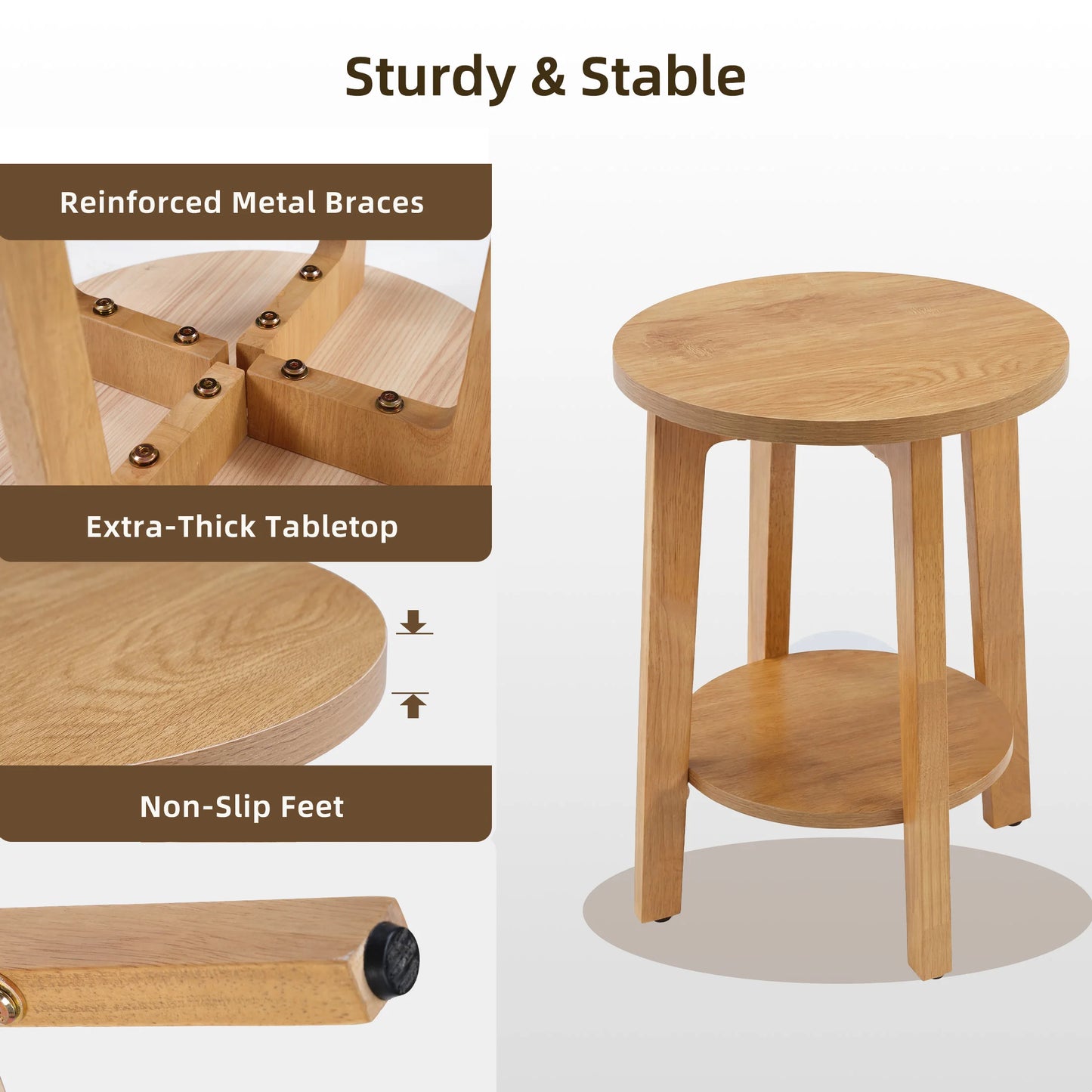 JHK Wood Round Side Table With Two Tier Storage Shelf