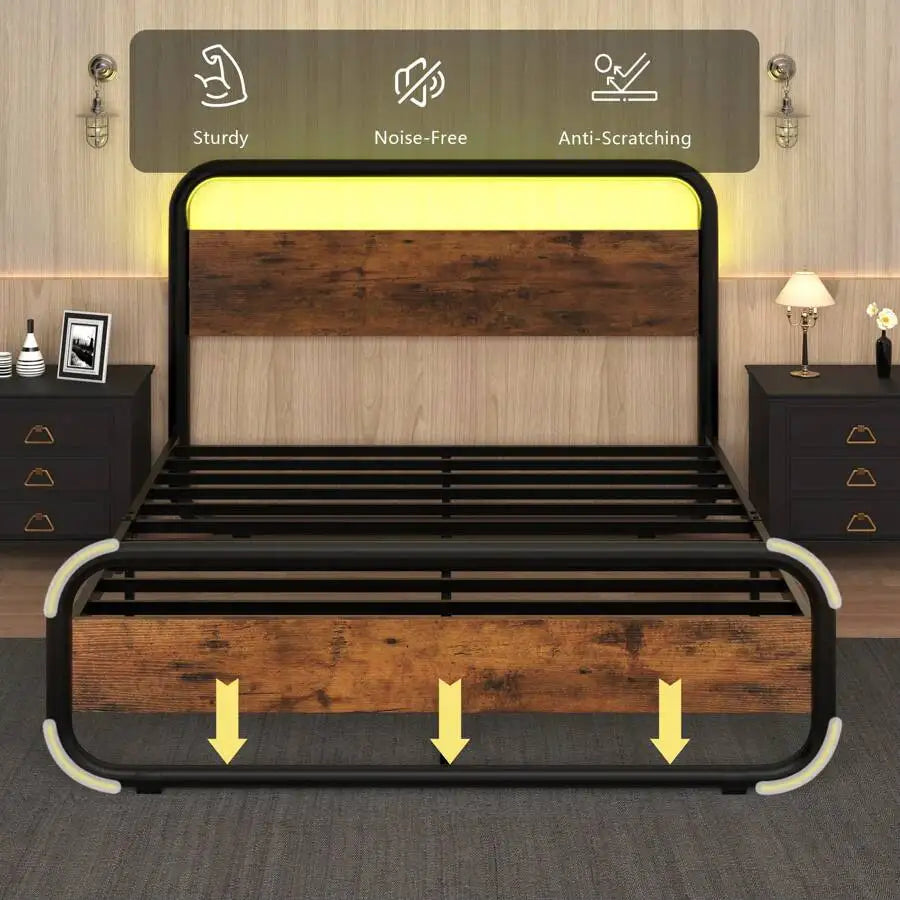 Heavy Duty Metal LED Bed Frame With Headboard And Storage
