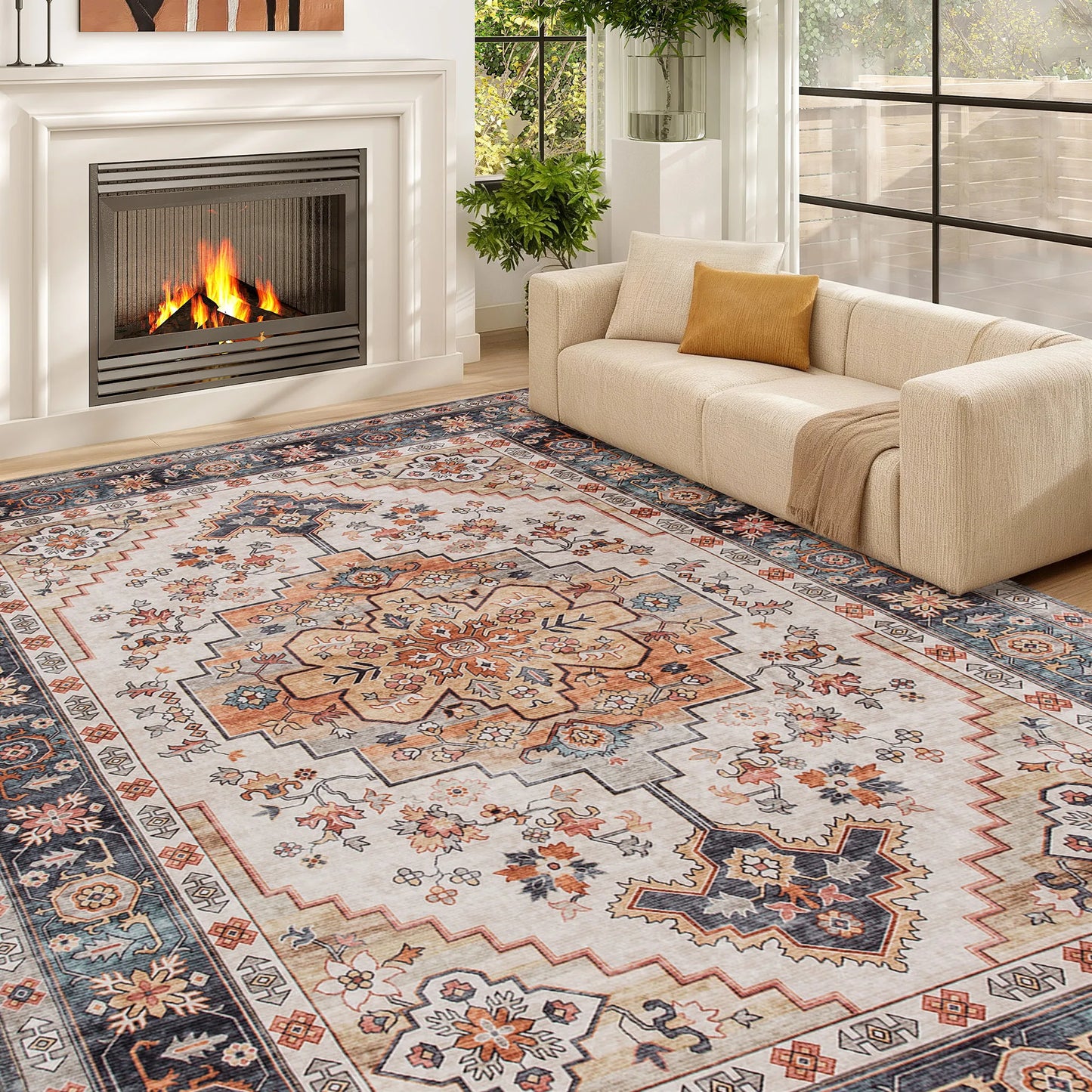 Machine Washable Vintage Oriental Medallion Polyester Floor Mat