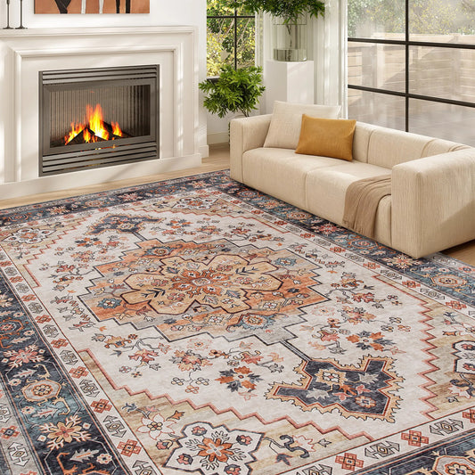 Machine Washable Vintage Oriental Medallion Polyester Floor Mat