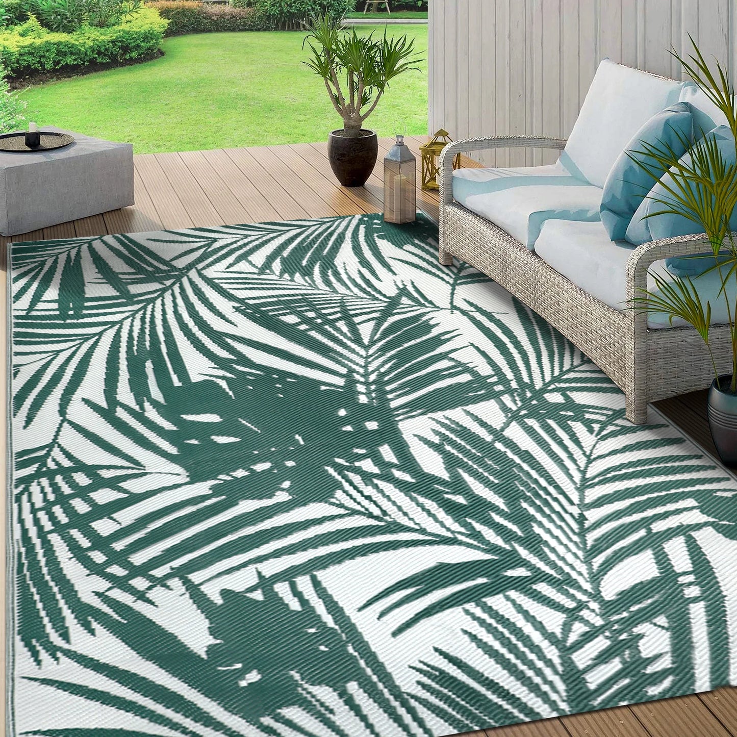 Leaves Pattern Recycled Plastic Straw Outdoor Rope Rug For Patio