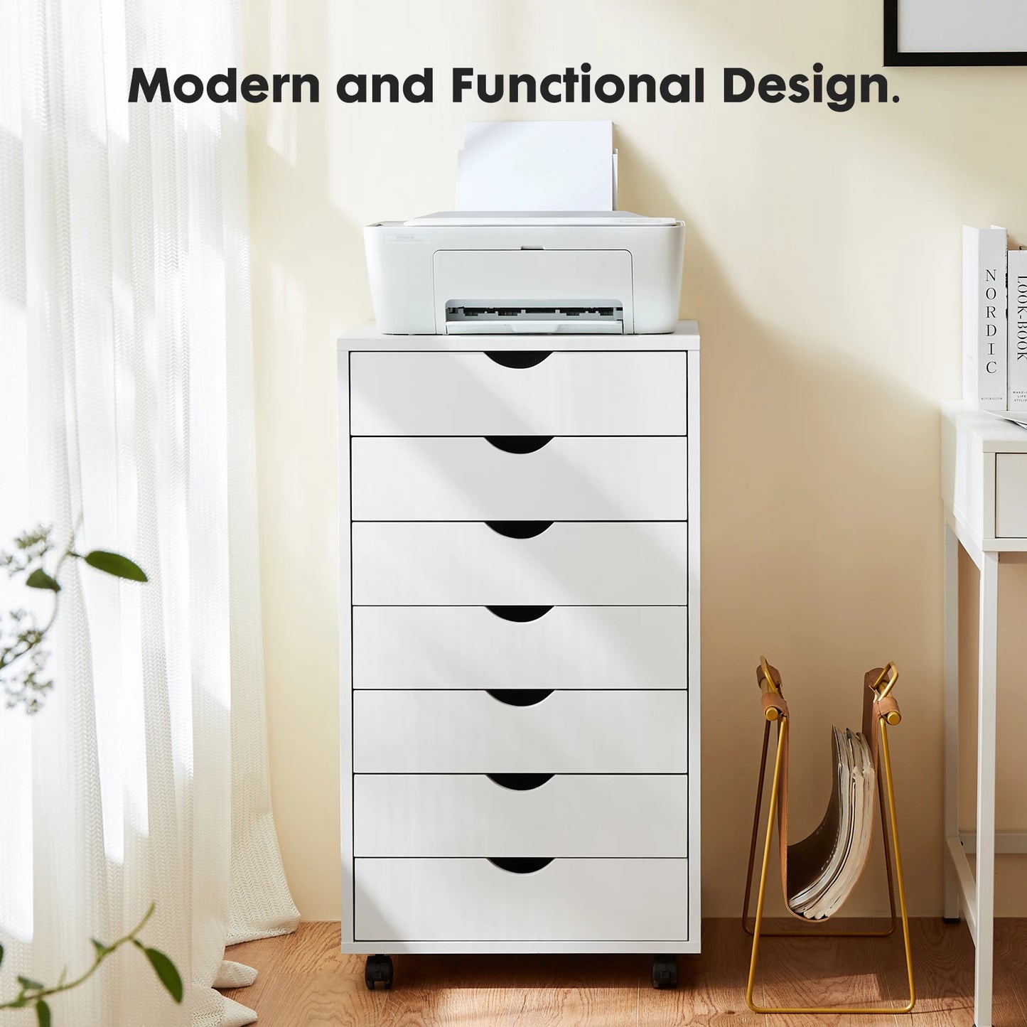 JHK Seven Drawer Modern Wooden Rolling Bedroom Cabinet
