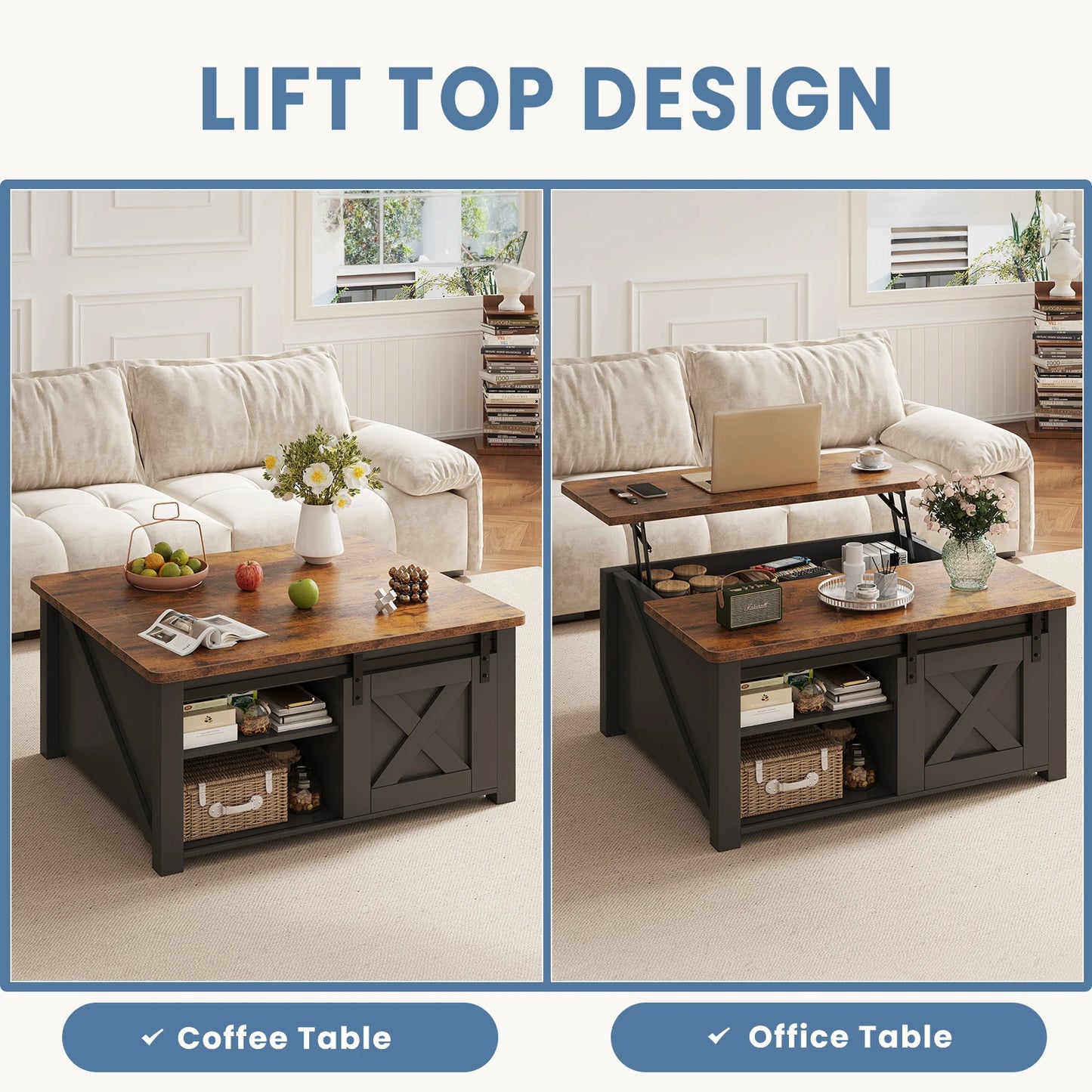 MCQ Wood Lift Top Coffee Table Adjustable Storage Shelf