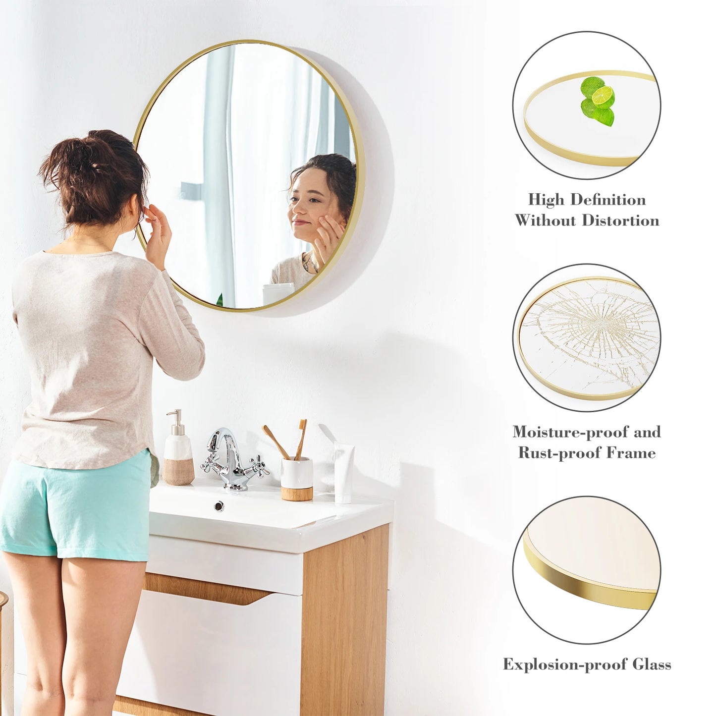 JHK Modern Round Vanity Mirror Metal Frame For Home Decor