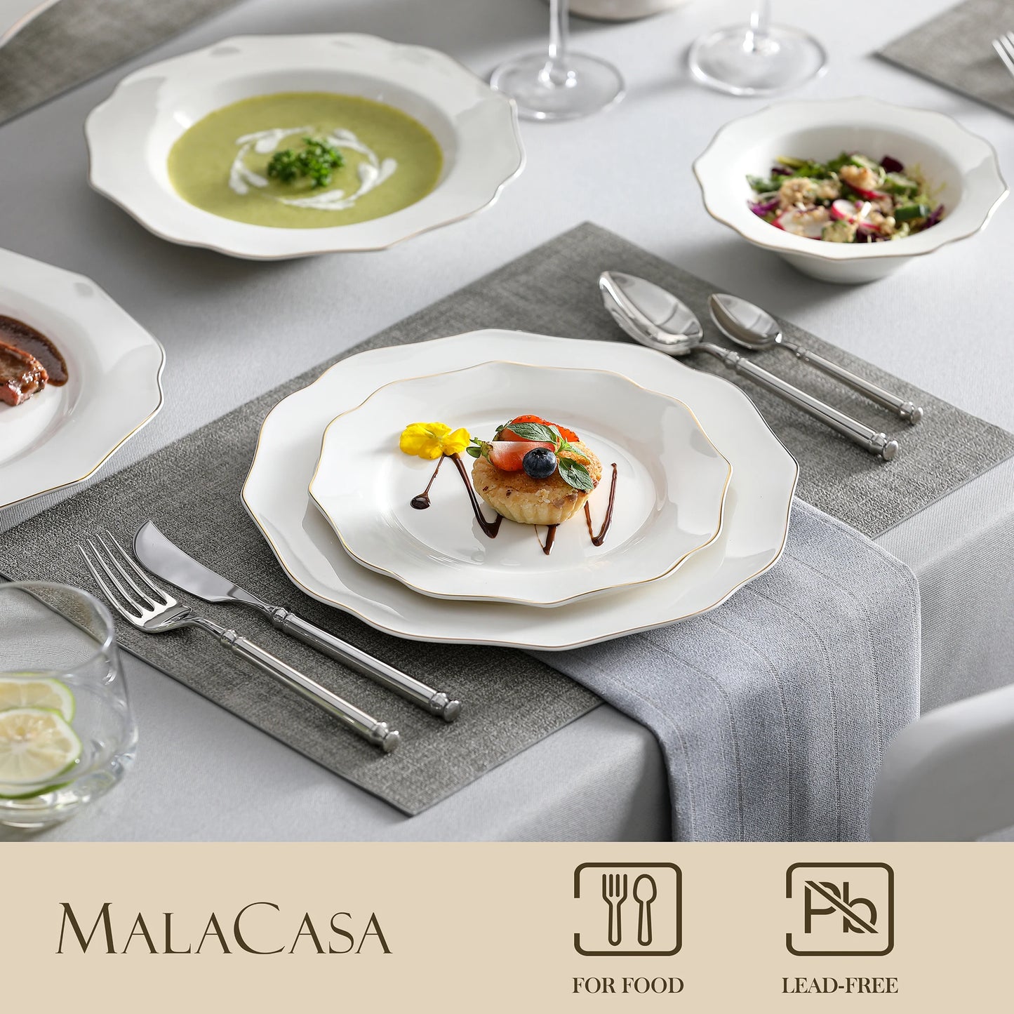Malacasa Nordic Golden Rim Bone China Tableware Set