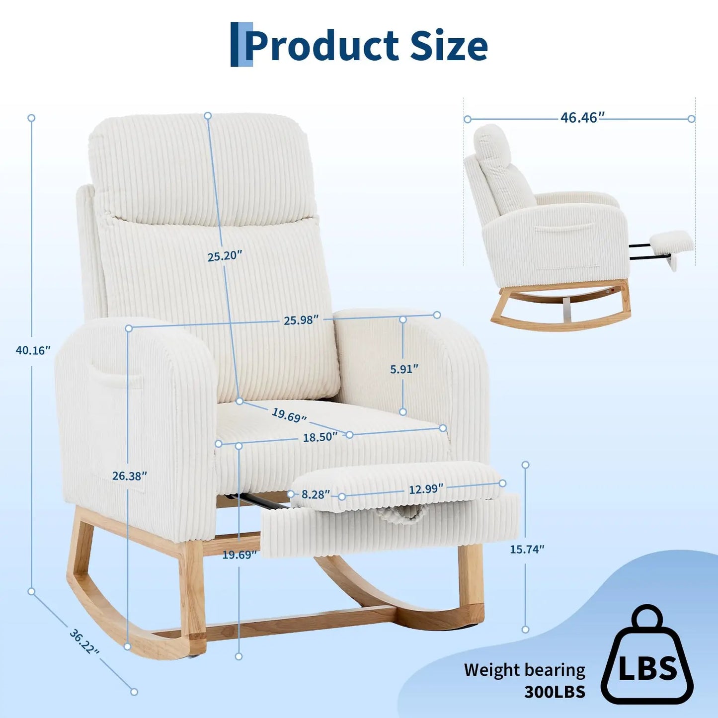 Tufted Corduroy Rocking Chair With Adjustable Footrest And Side Pocket