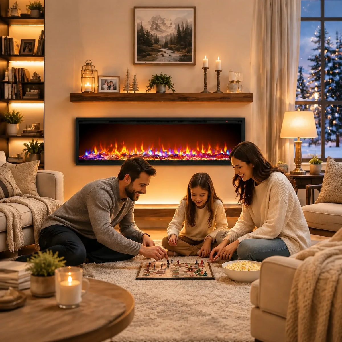 Wall Mounted Electric Fireplace Heater With Crystal Log Set Remote