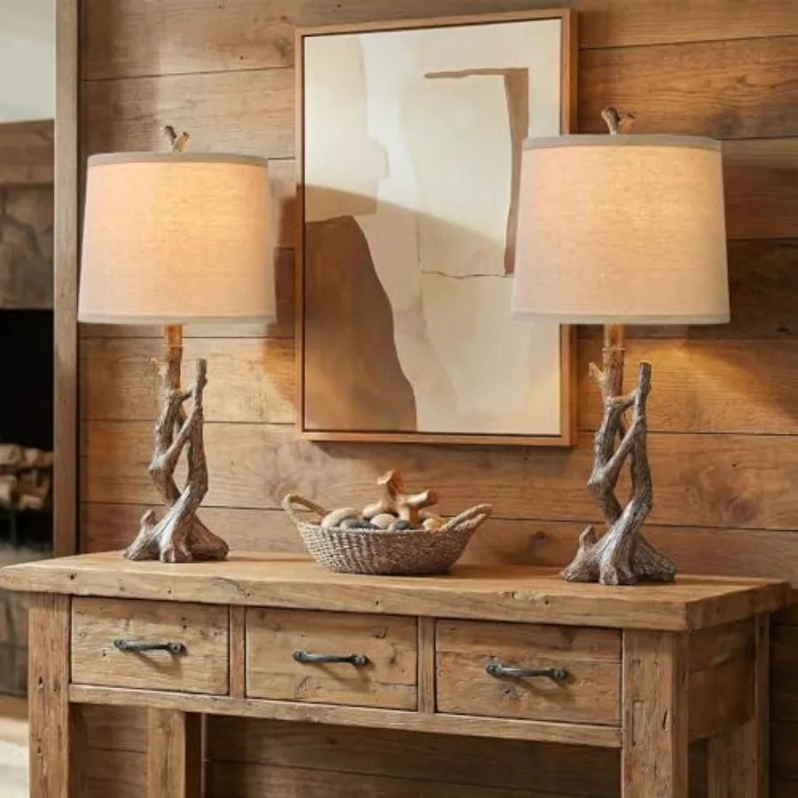 Rustic Solar Table Lamp With Tree Trunk Wood Grain Base