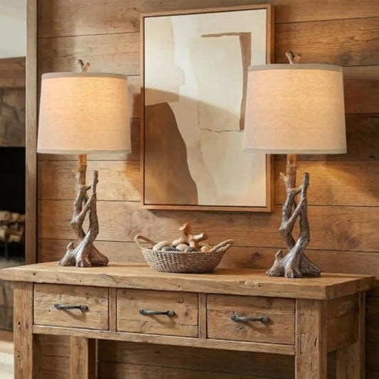 Rustic Solar Table Lamp With Tree Trunk Wood Grain Base
