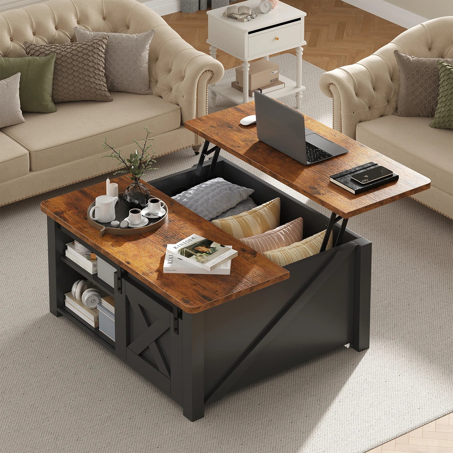 MCQ Wood Lift Top Coffee Table Adjustable Storage Shelf
