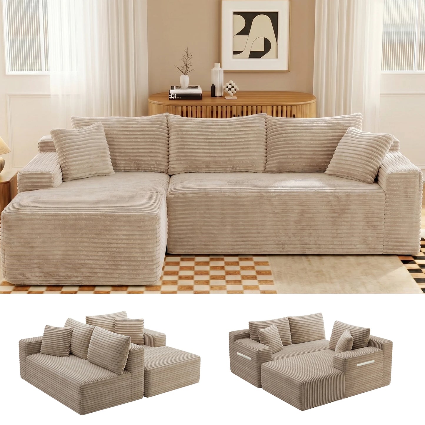 Cloud Modular Corduroy Sectional Sofa With L Shape Chaise