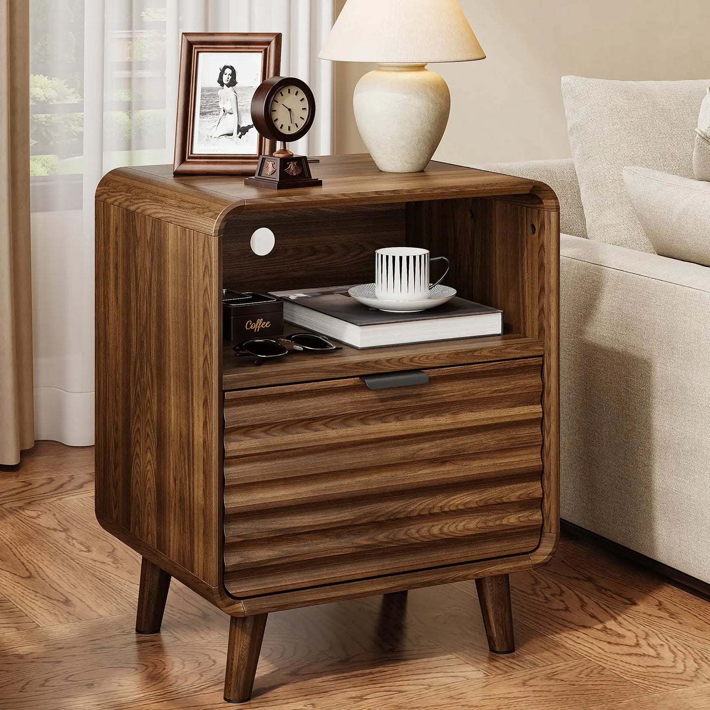 Onbrill Fluted Bedside Table With Drawer Modern End Table