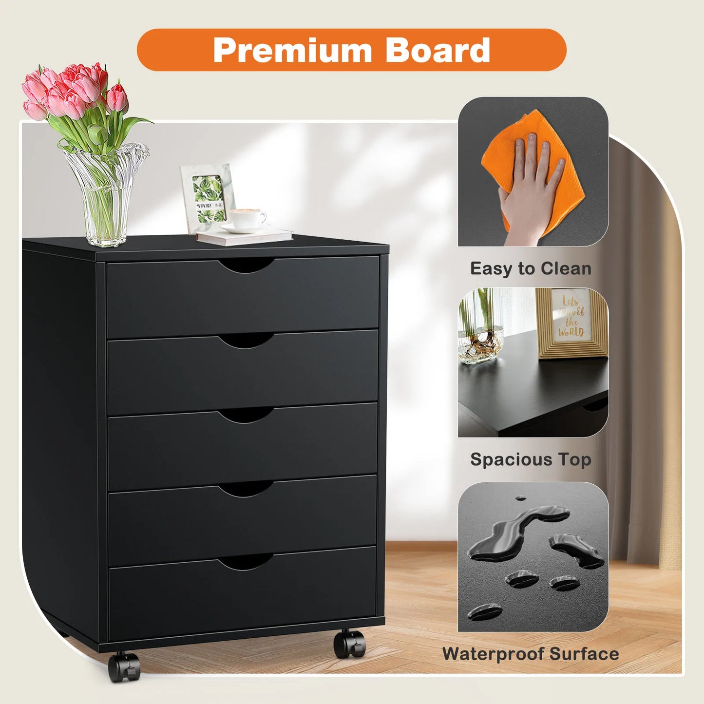 JHK Wood Five Drawer Rolling Nightstand Bedside Table With Storage