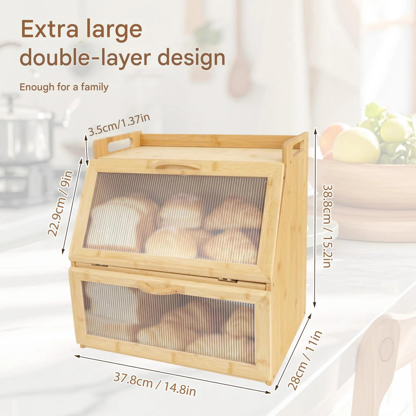 Double Layer Wooden Bread Storage Box For Kitchen Countertop