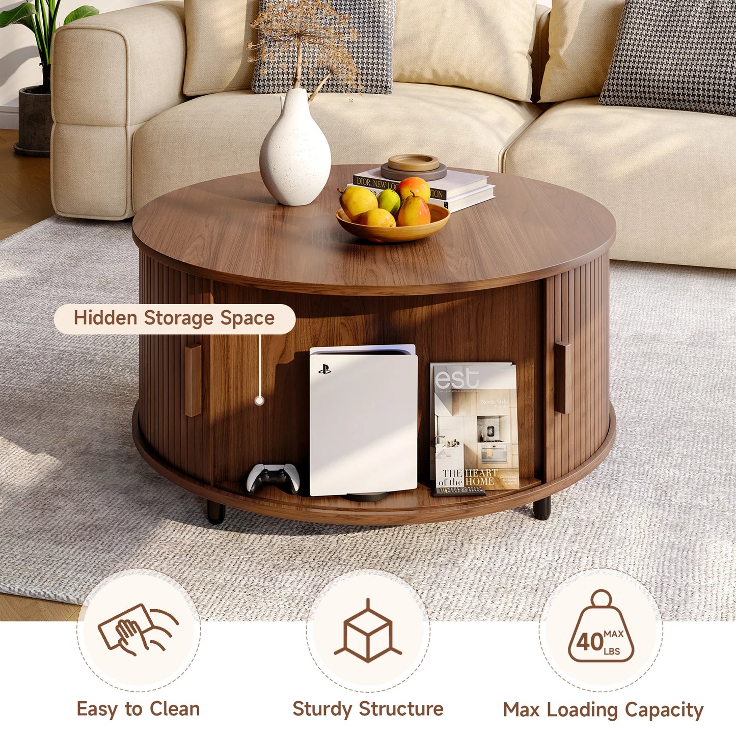 Onbrill Modern Fluted Wood Round Coffee Table With Storage