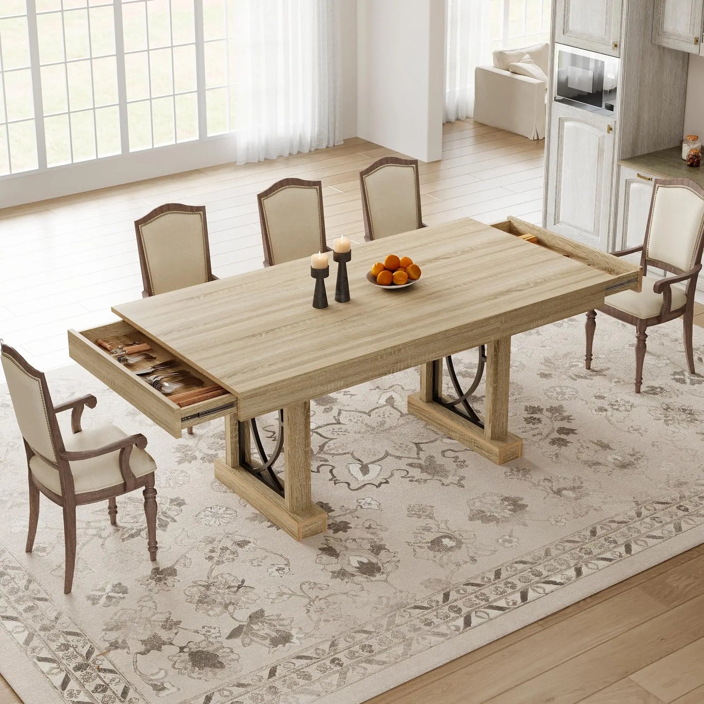 HobbyLane Wood Dining Table With Storage Drawers And Heavy Base