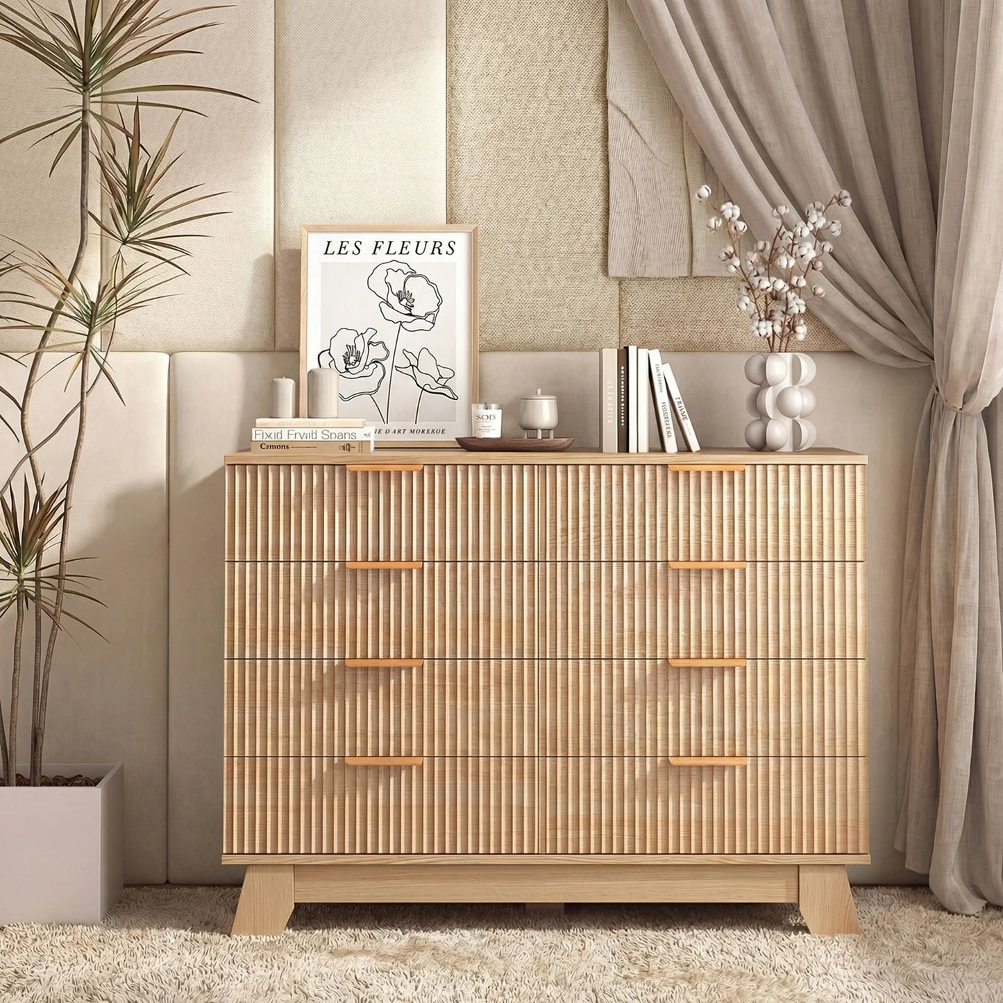 Jhk Fluted Wooden Modern Cabinet With Eight Drawer Storage