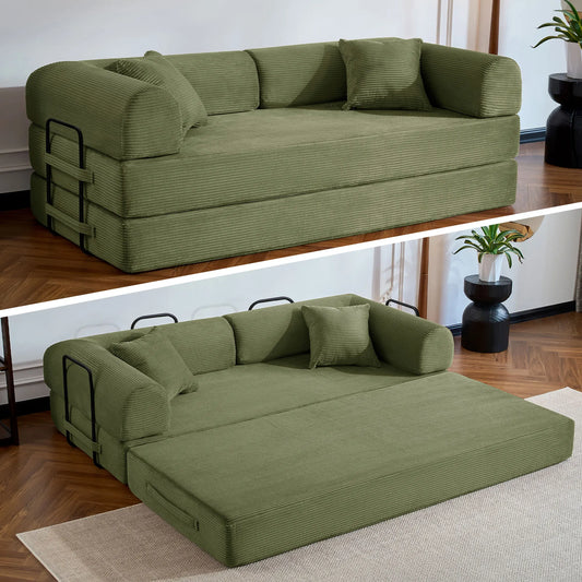 Corduroy Folding Sofa Bed With Removable Cover And Iron Frame