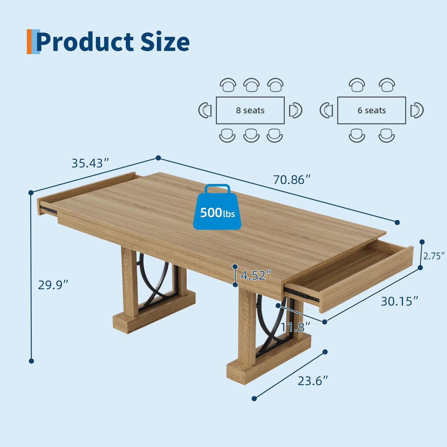 HobbyLane Wood Dining Table With Storage Drawers And Heavy Base