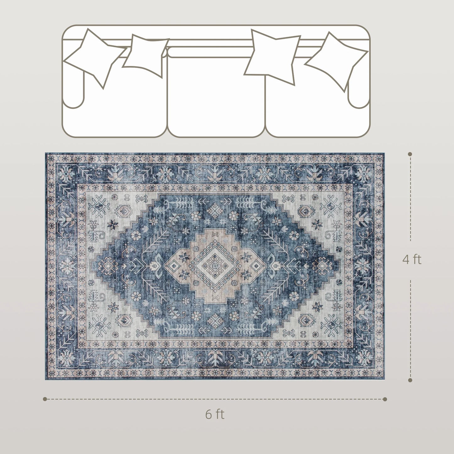 Machine Washable Vintage Oriental Medallion Polyester Area Rug