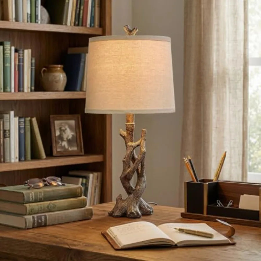 Rustic Solar Table Lamp With Tree Trunk Wood Grain Base