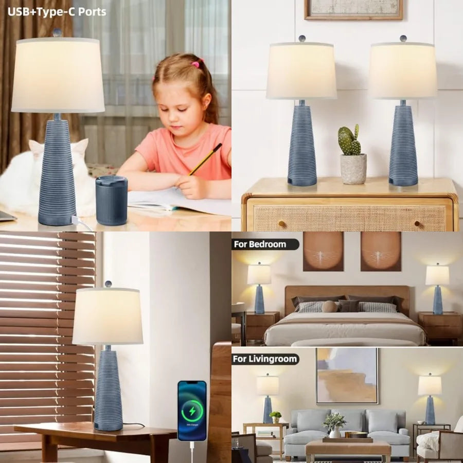 Solar Rustic Farmhouse Bedside Lamp Set Three Way Dimmable Light