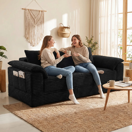 Modern Corduroy Modular Sofa With Reversible Cushions And Cup Holder