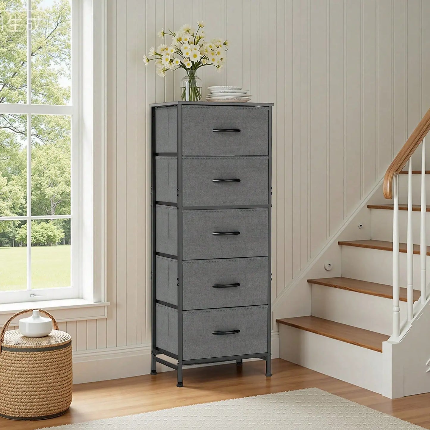 Fabric Storage Dresser With Wooden Top And Steel Frame Unit