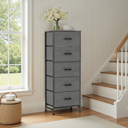 Fabric Storage Dresser With Wooden Top And Steel Frame Unit