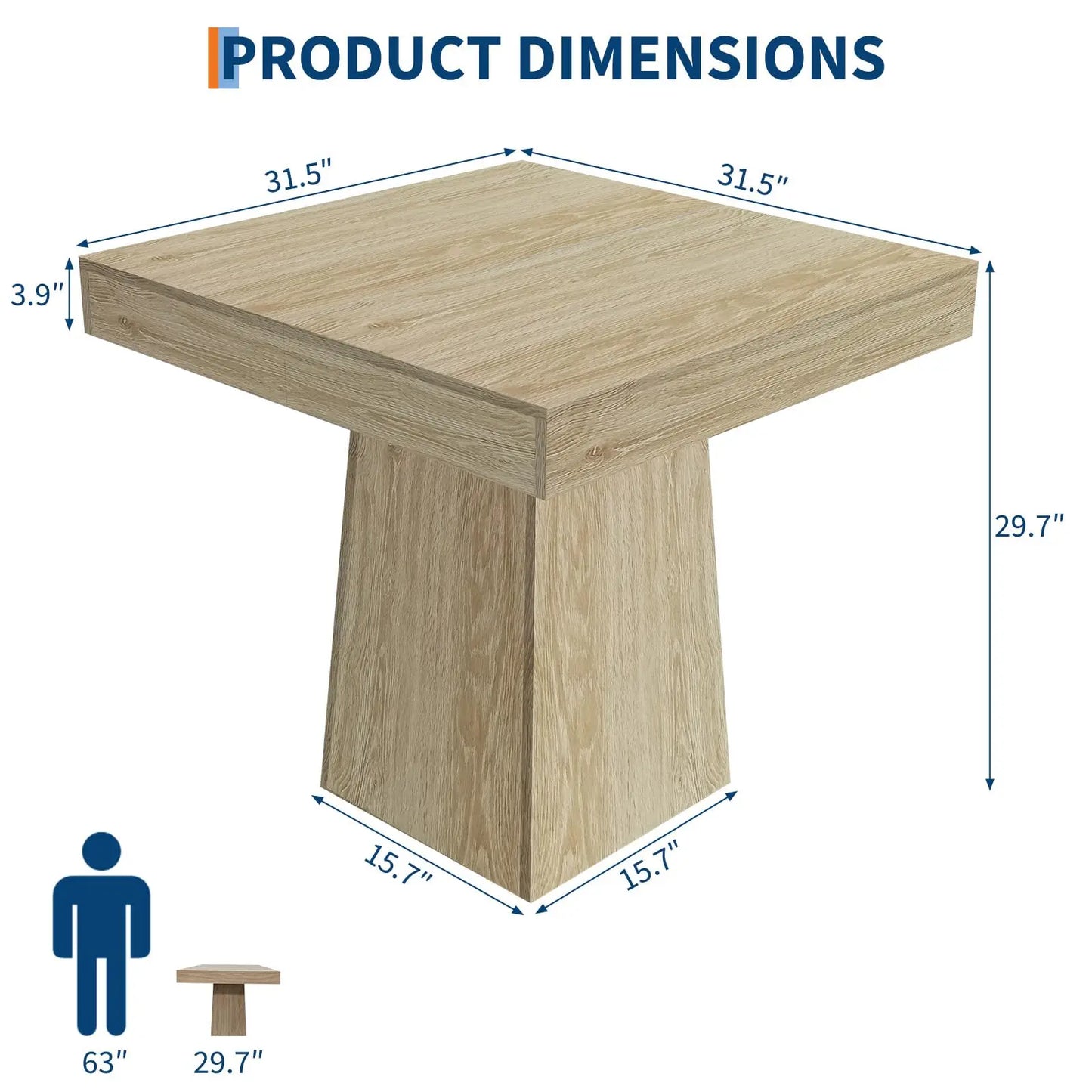 HiMISS Farmhouse Wood Pedestal Square Kitchen Dining Table