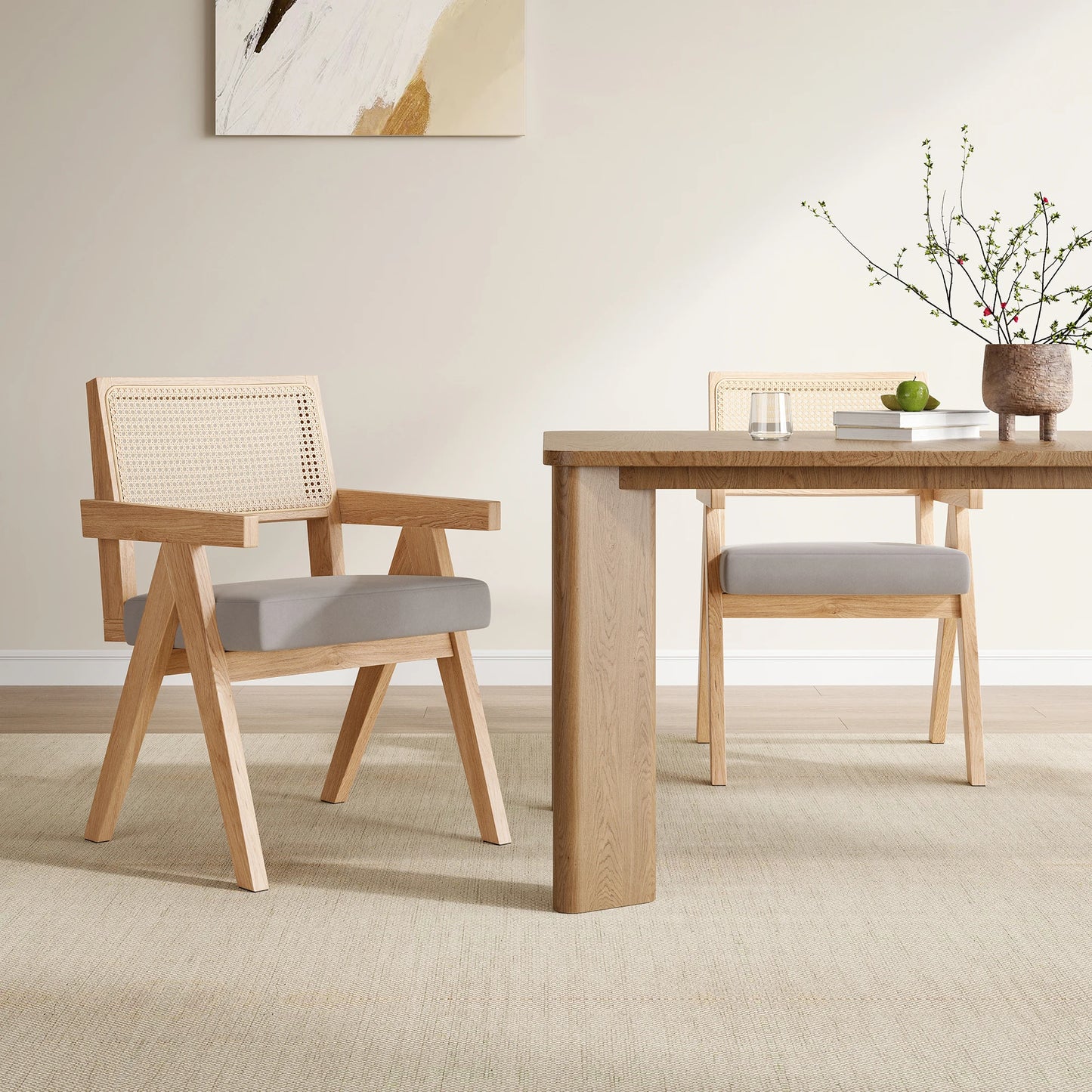 Farini Mid Century Woven Rattan Dining Chairs Solid Ash Frame