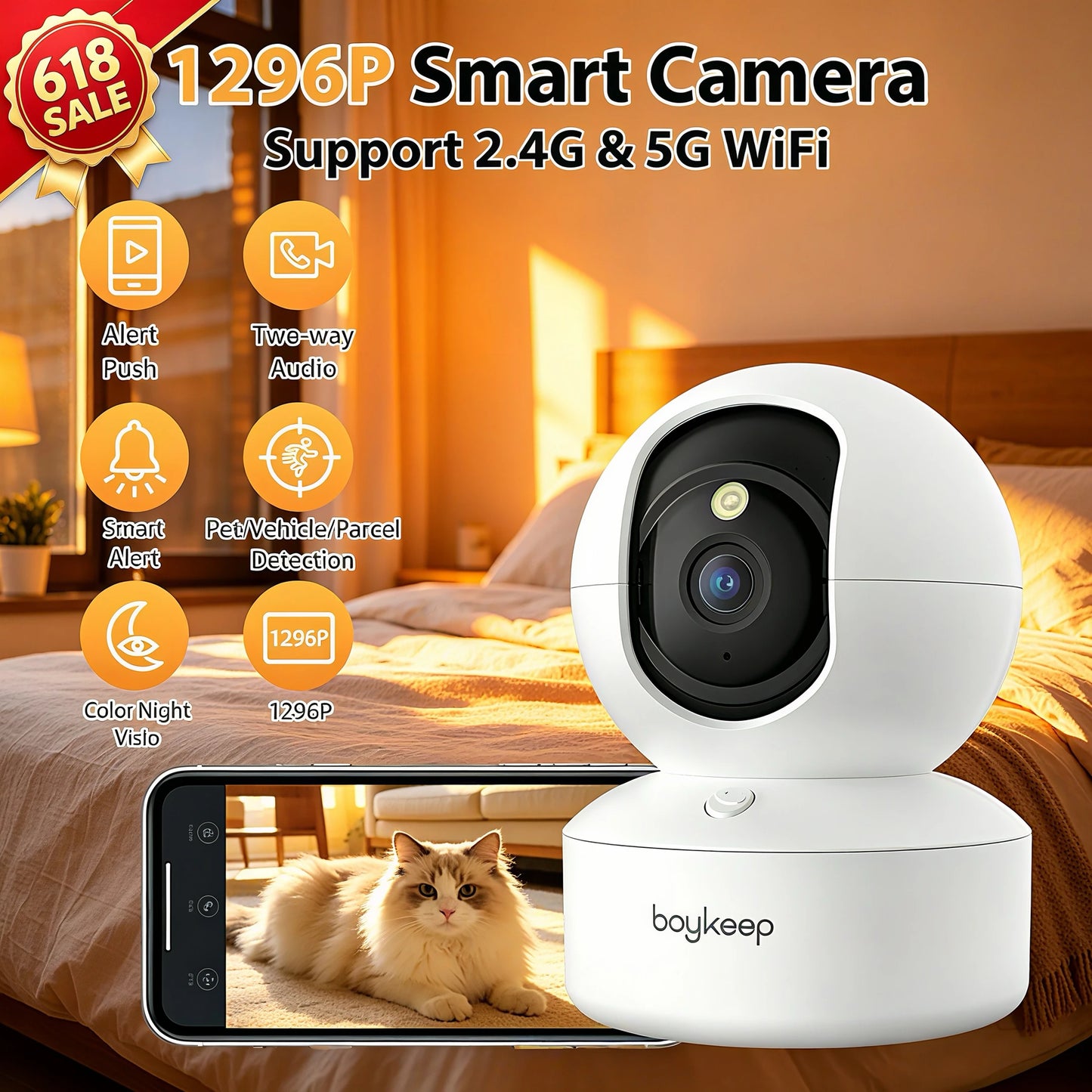 BoyKeep Smart Security Camera With Pan Tilt Night Vision