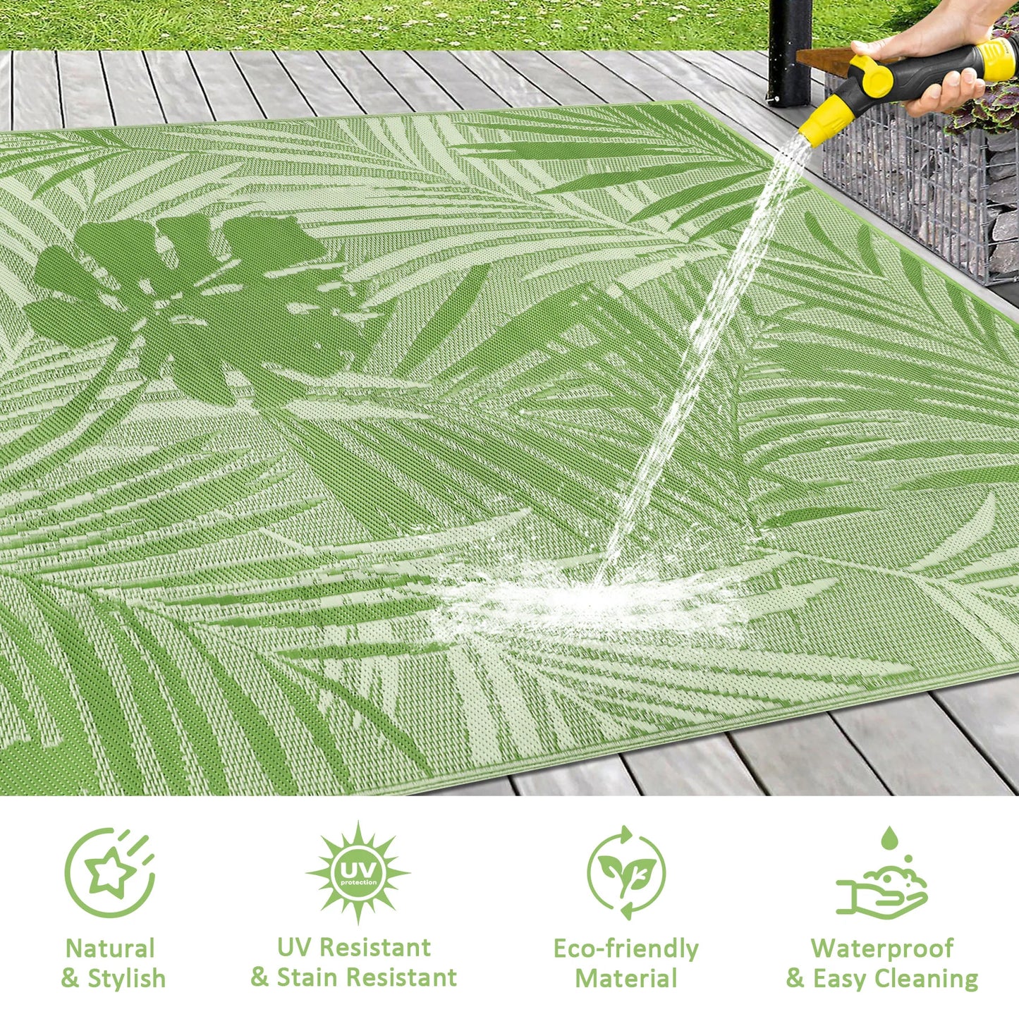 Leaves Pattern Recycled Plastic Straw Outdoor Rope Rug For Patio