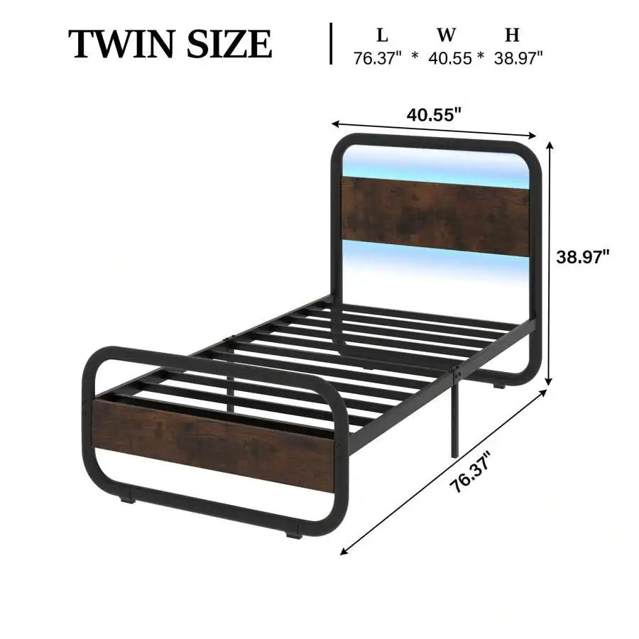 Heavy Duty Metal LED Bed Frame With Headboard And Storage