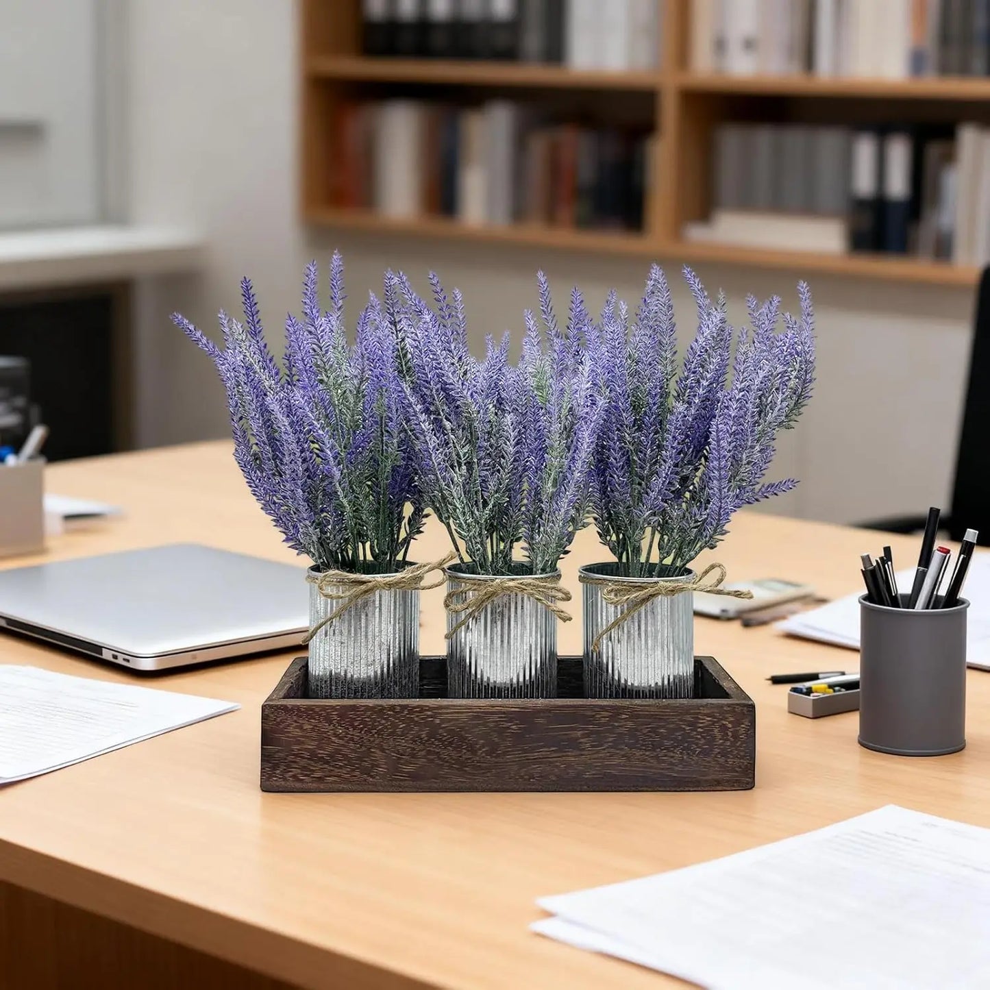 HiMISS Artificial Lavender Flowers With Wood Tray Centerpiece Set
