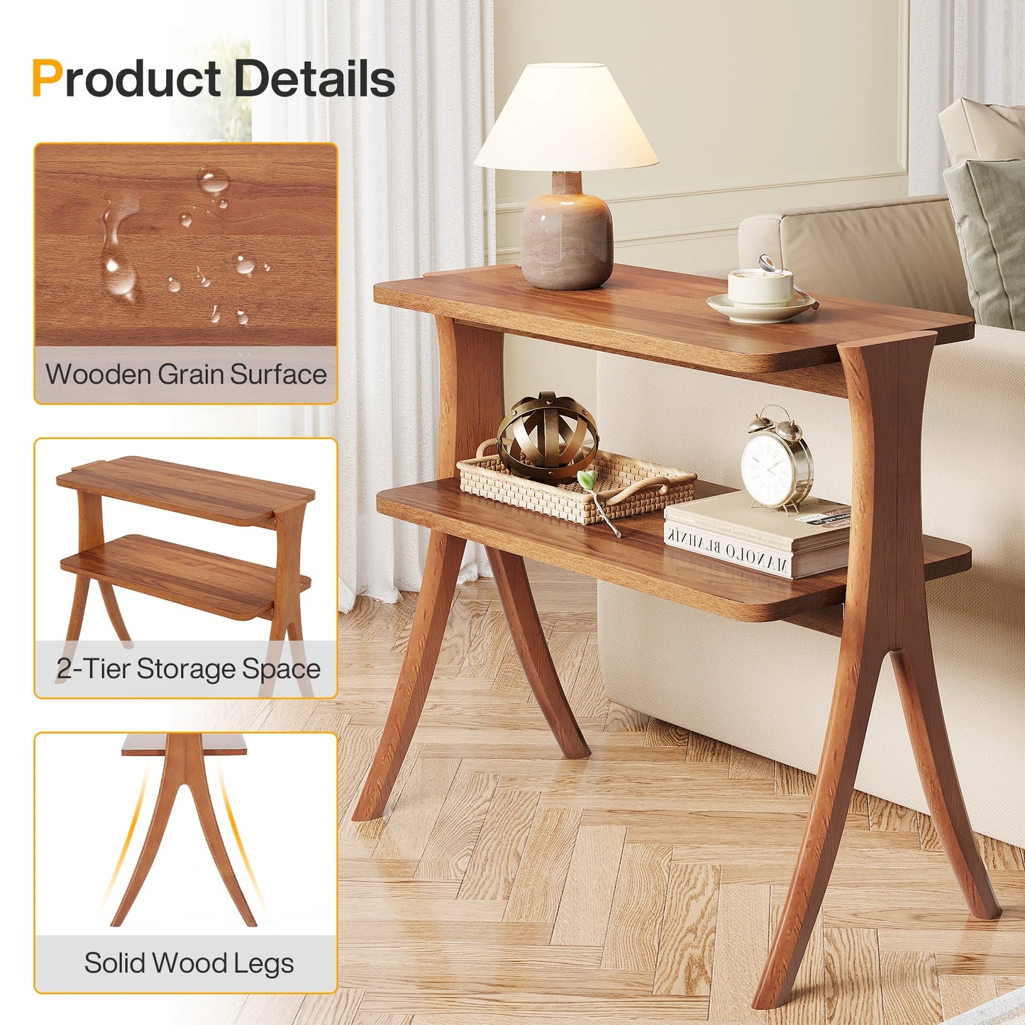 Tribesigns Walnut Wood Side Table With Two Tier Storage Shelf