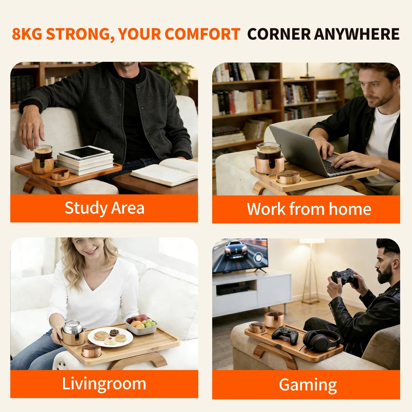 JHK Foldable Sofa Armrest Tray With Phone And Cup Holder