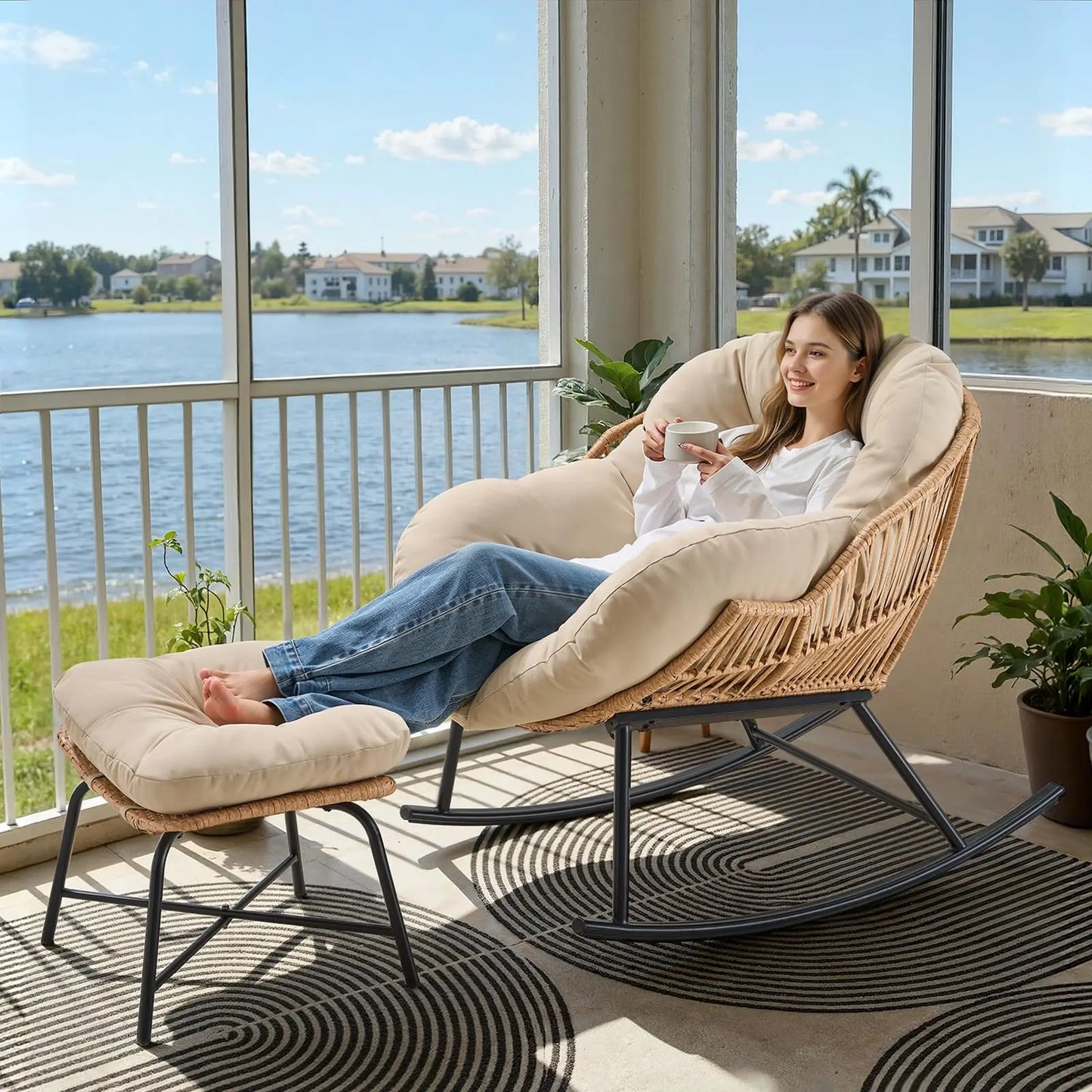 Onbrill Outdoor Wicker Papasan Rocking Chair With Ottoman