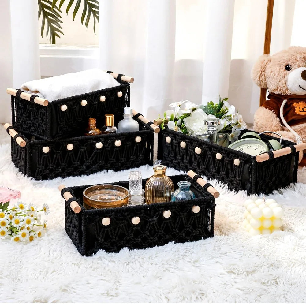 Boho Macrame Storage Baskets With Wooden Handles And Decorative Beads