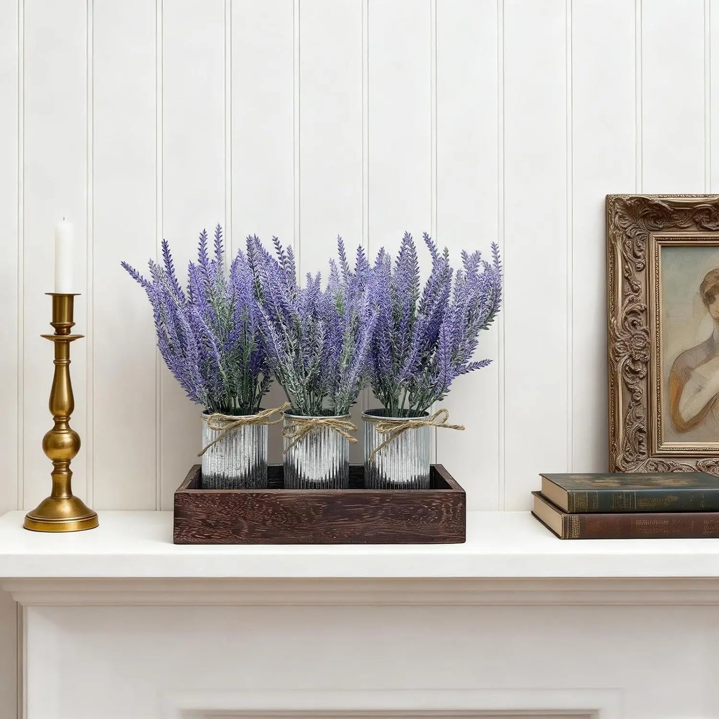 HiMISS Artificial Lavender Flowers With Wood Tray Centerpiece Set