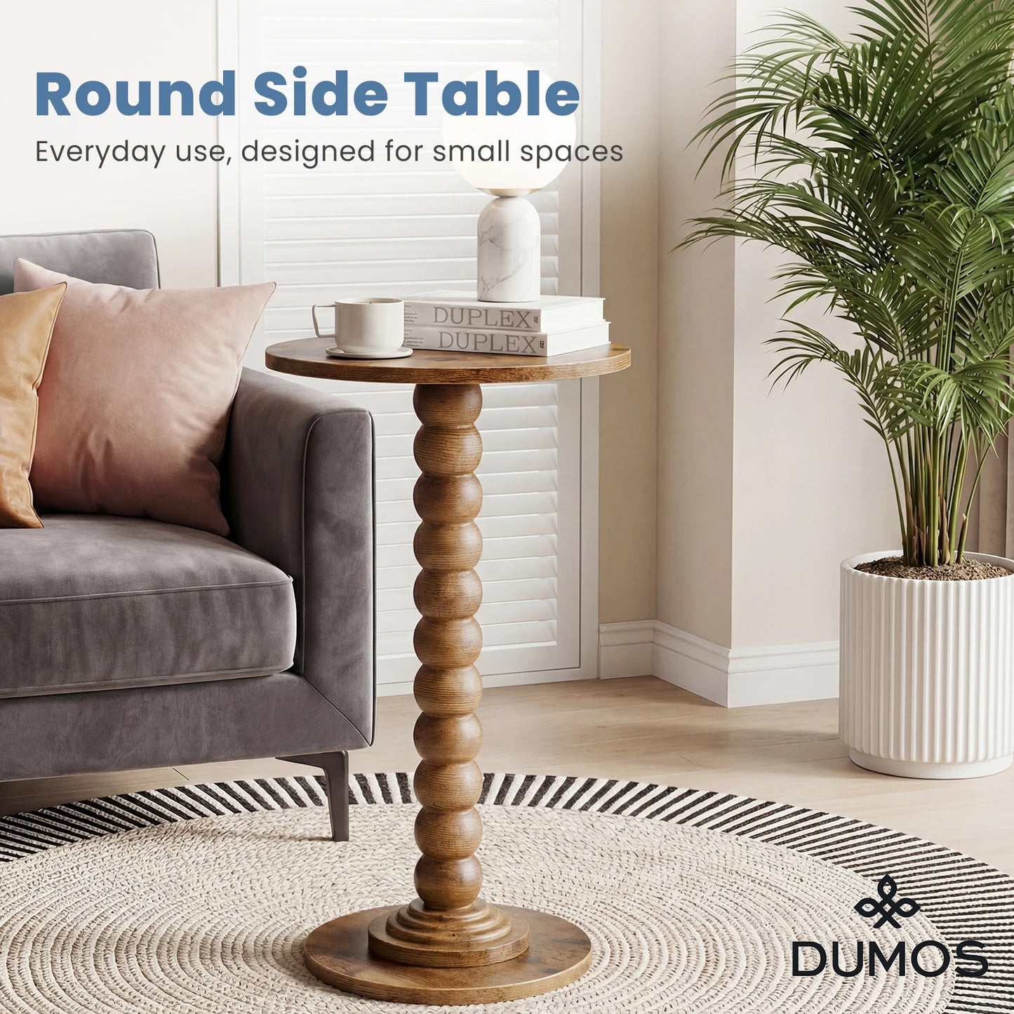 JHK Round Side Table With Wood Base And Storage Shelf