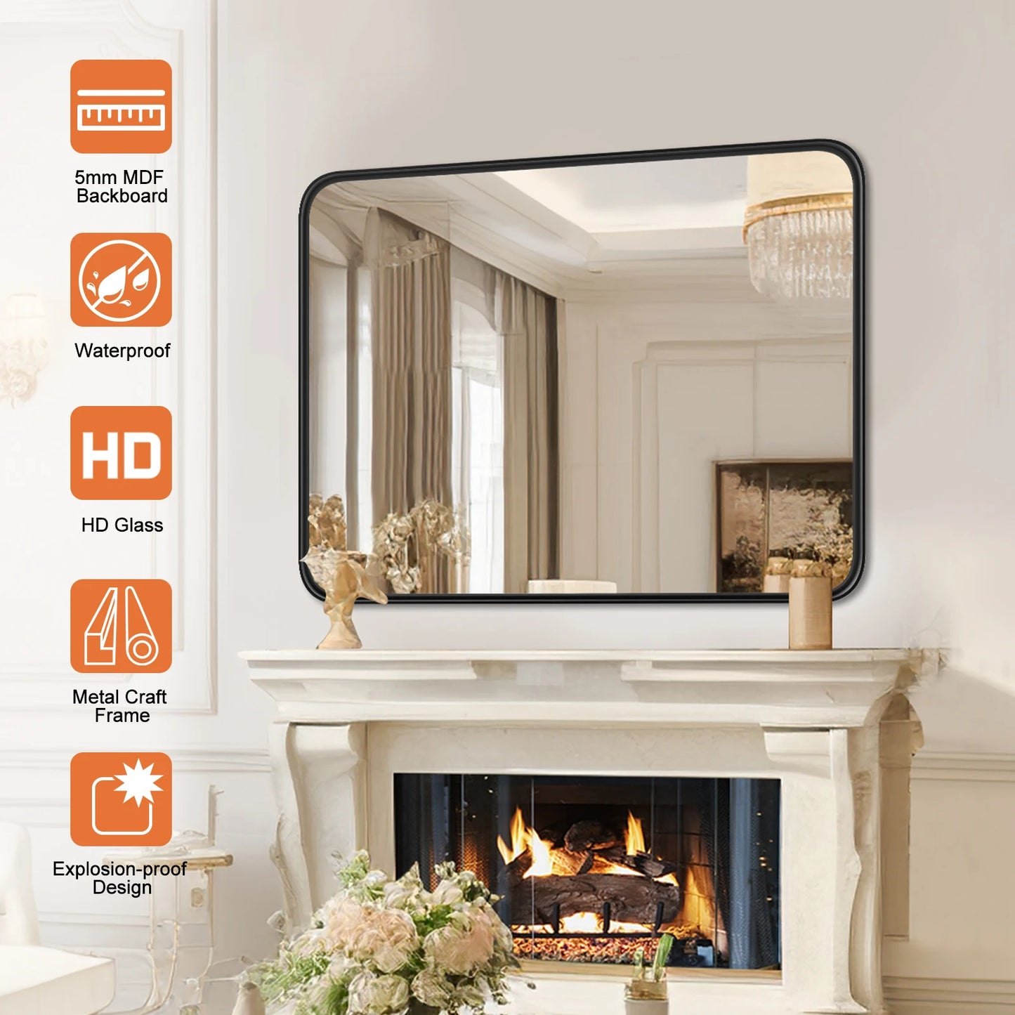 JHK Matte Metal Framed Bathroom Mirror With Tempered Glass