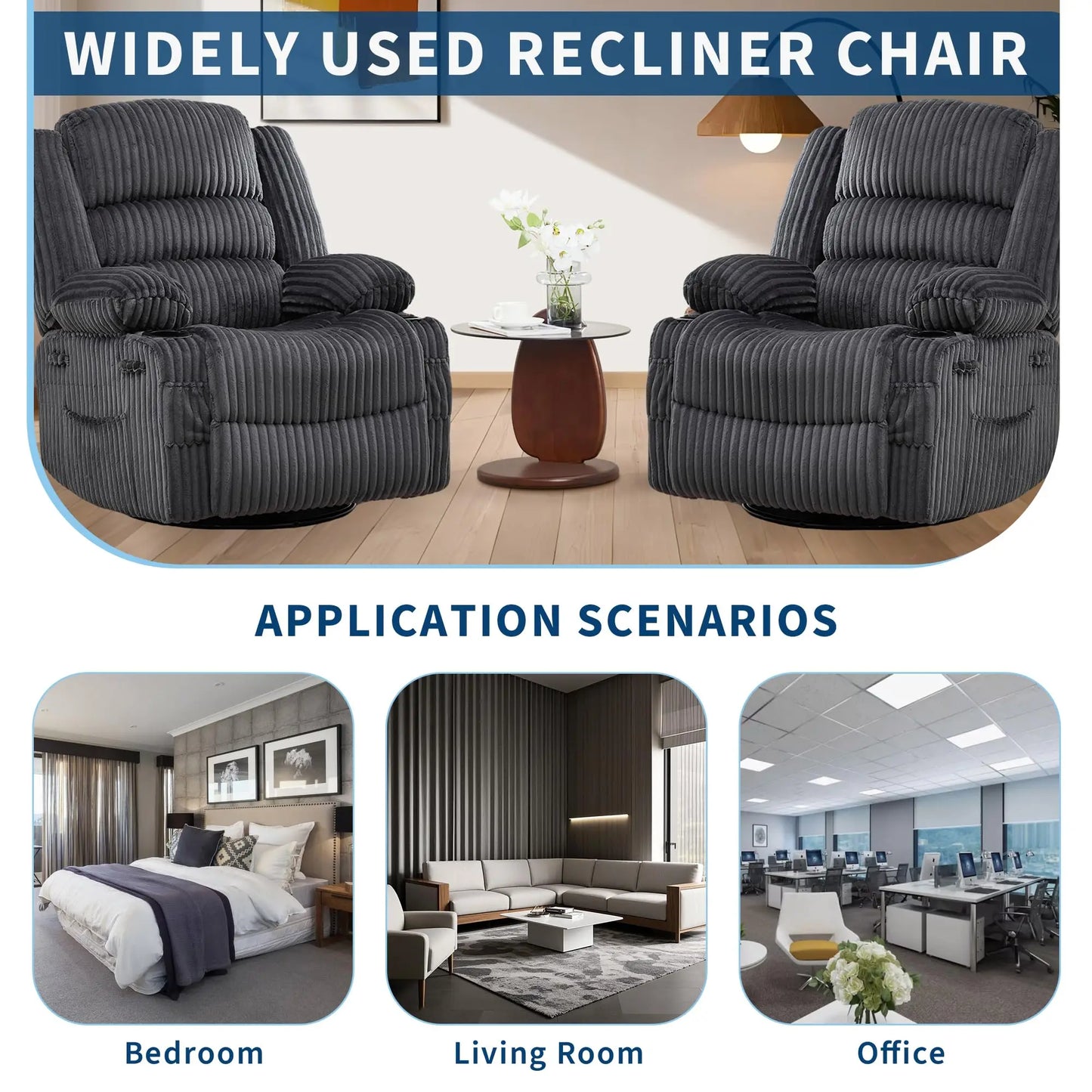 HiMISS 360 Swivel Rocking Recliner Chair With Deep Corduroy Seat
