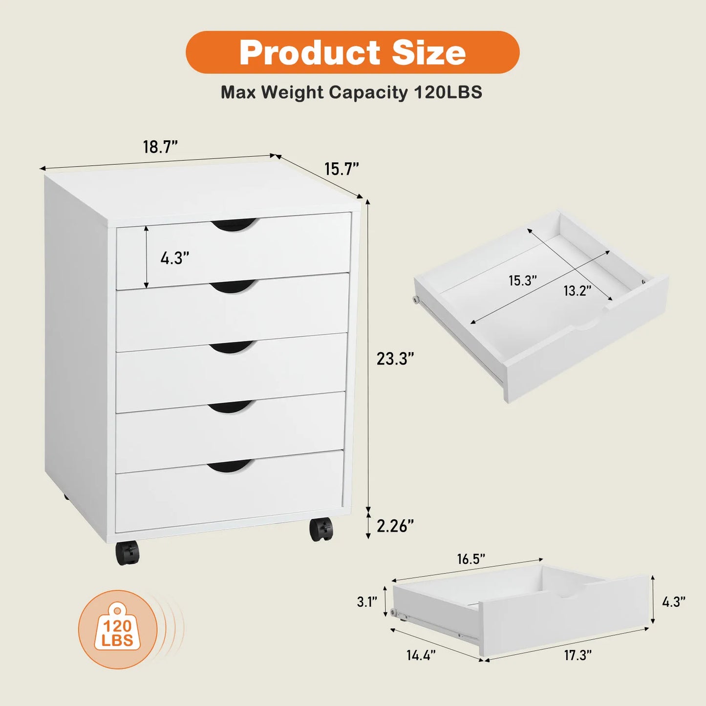 JHK Wood Five Drawer Rolling Nightstand Bedside Table With Storage