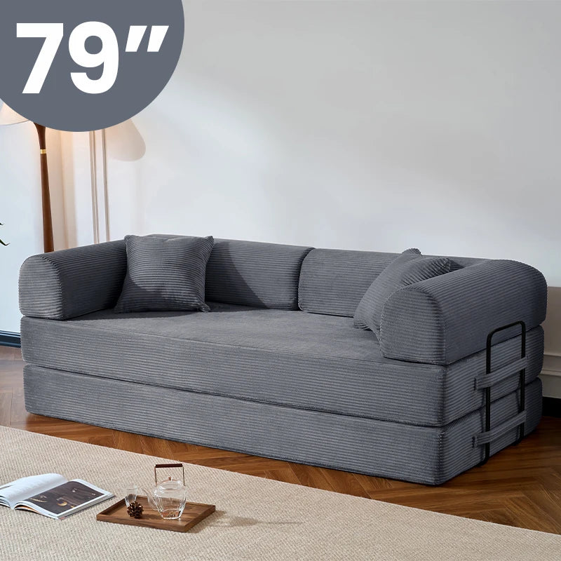 Corduroy Folding Sofa Bed With Removable Cover And Iron Frame
