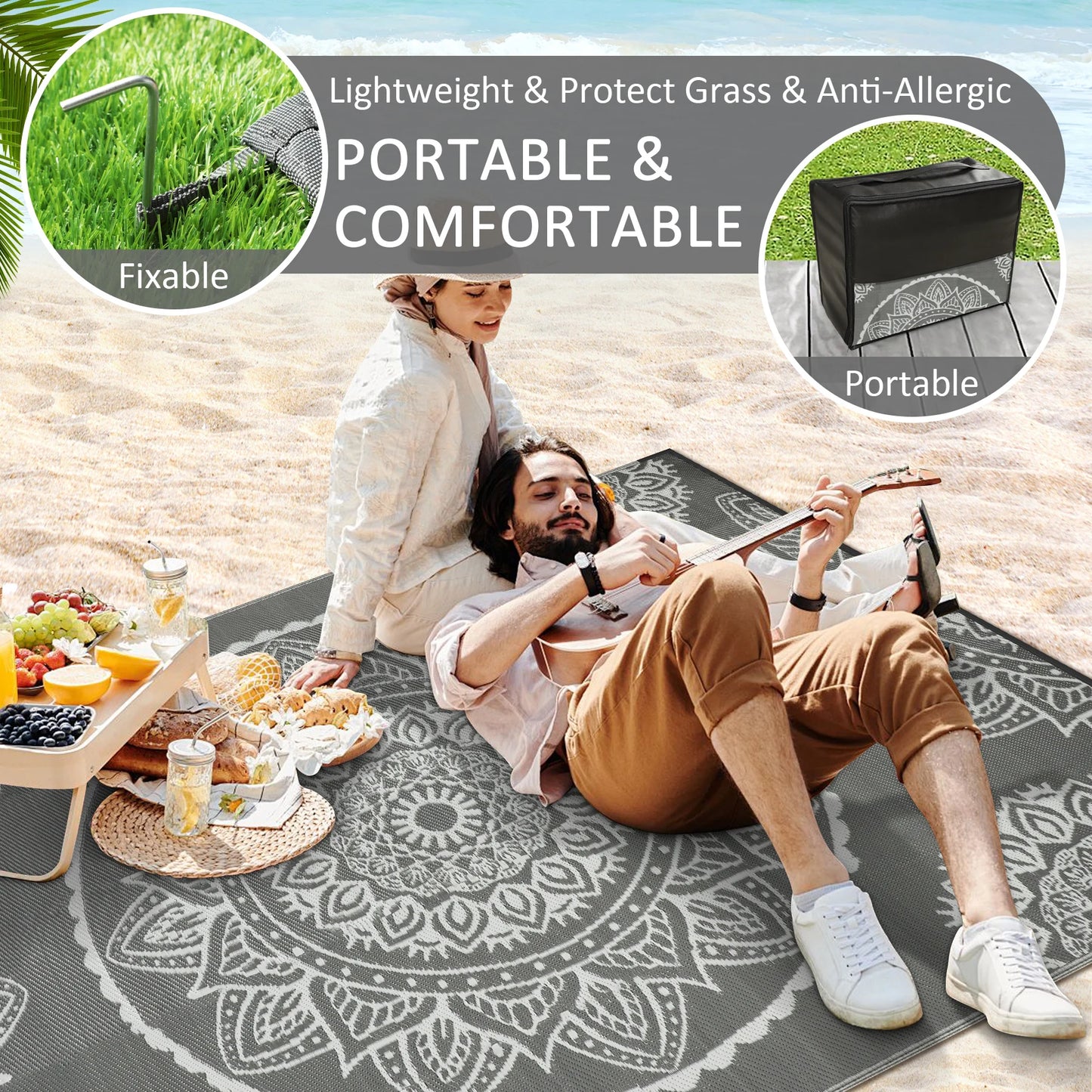 Leaves Pattern Recycled Plastic Straw Outdoor Rope Rug For Patio